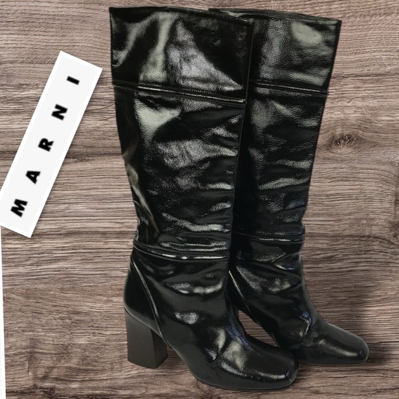 MARNI Made In Italy Designer Patent Leather Knee Boots In Black Size 41 (US11) - Picture 2 of 14